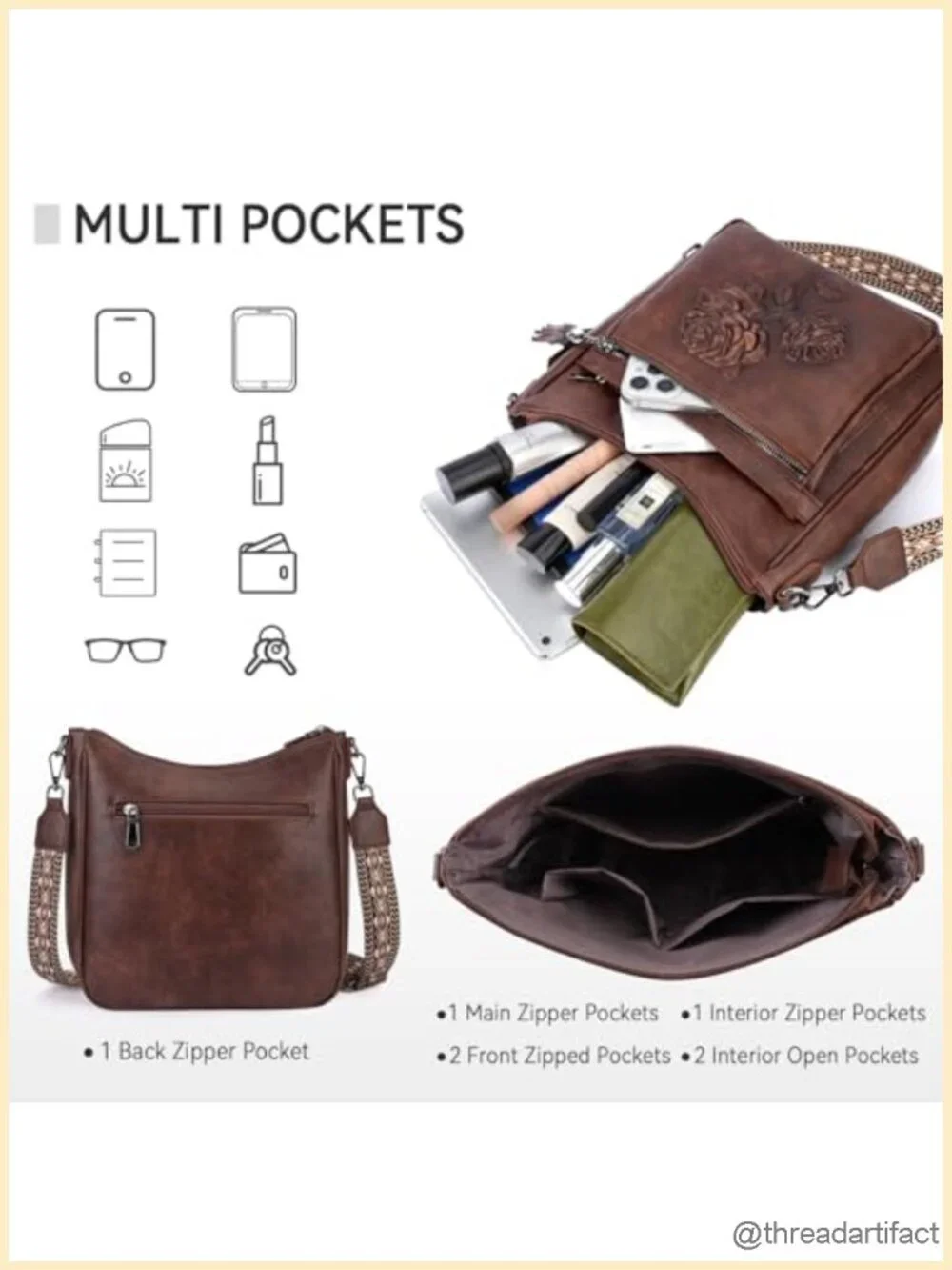 Crossbody Bag Women Hobo Purse Vegan Leather Embossed Floral Lightweight